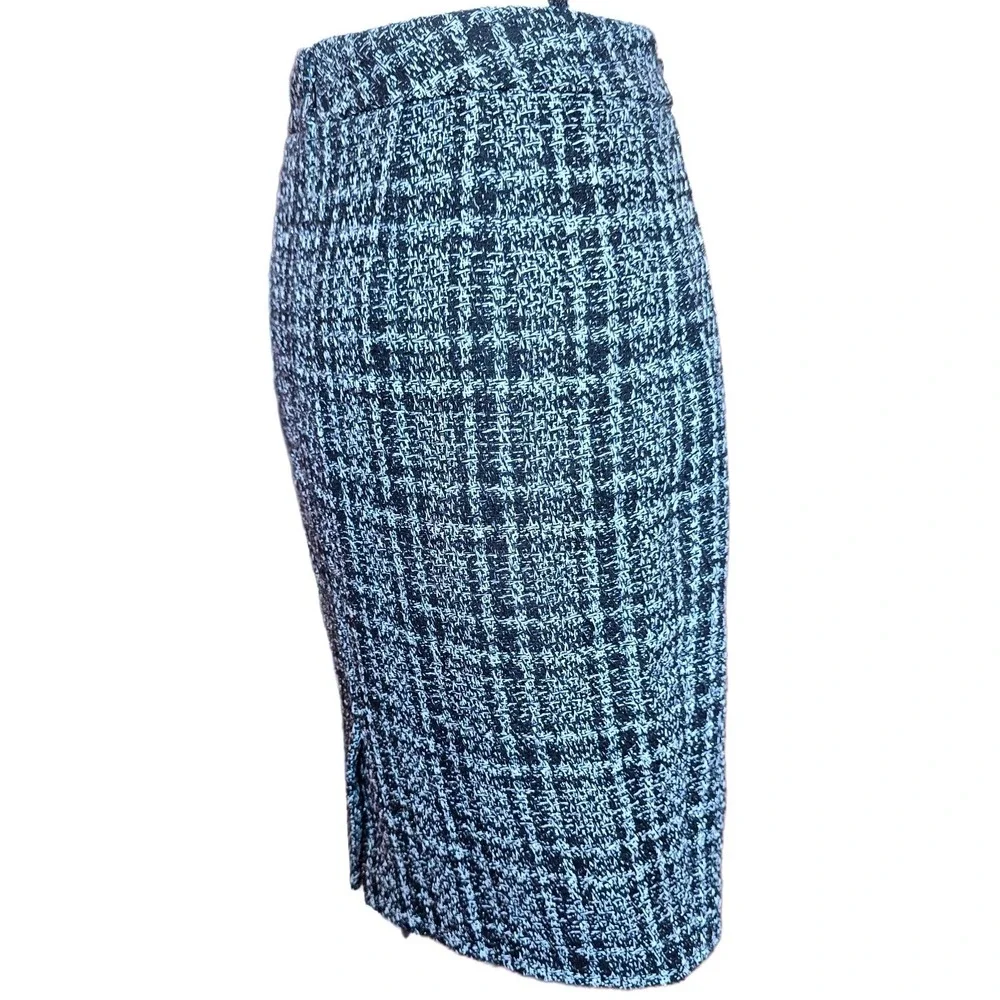 DKNY Size 6 Tweed Pencil Skirt Black White Plaid 16x22 Boucle Lined Side Zip B68